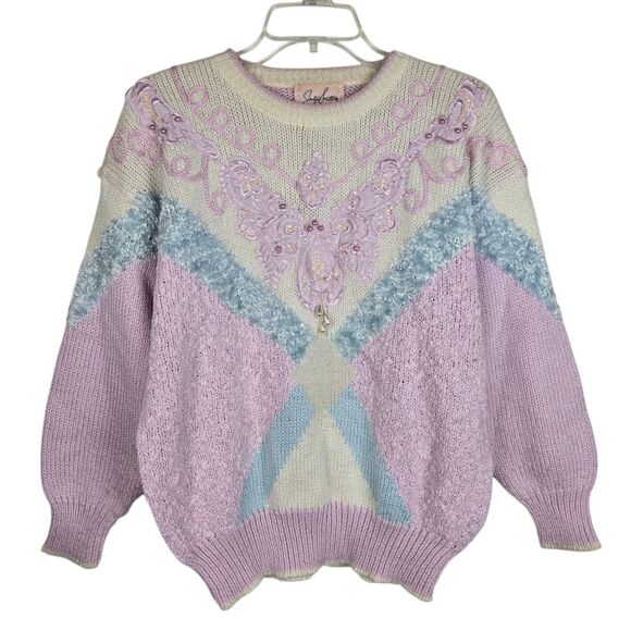 Vtg Jaclyn Smith Sweater Sz M Pastel Lavender Sequins Beaded Embroidered Rope - Picture 1 of 6